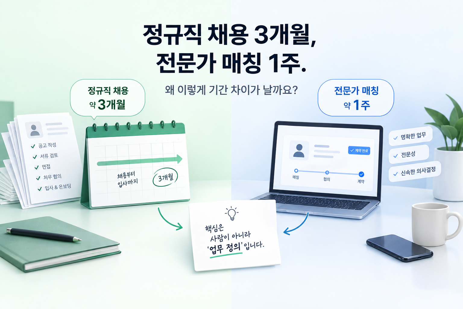 정규직 채용 3개월, 전문가 매칭 1주. 왜 이렇게 기간 차이가 날까요?