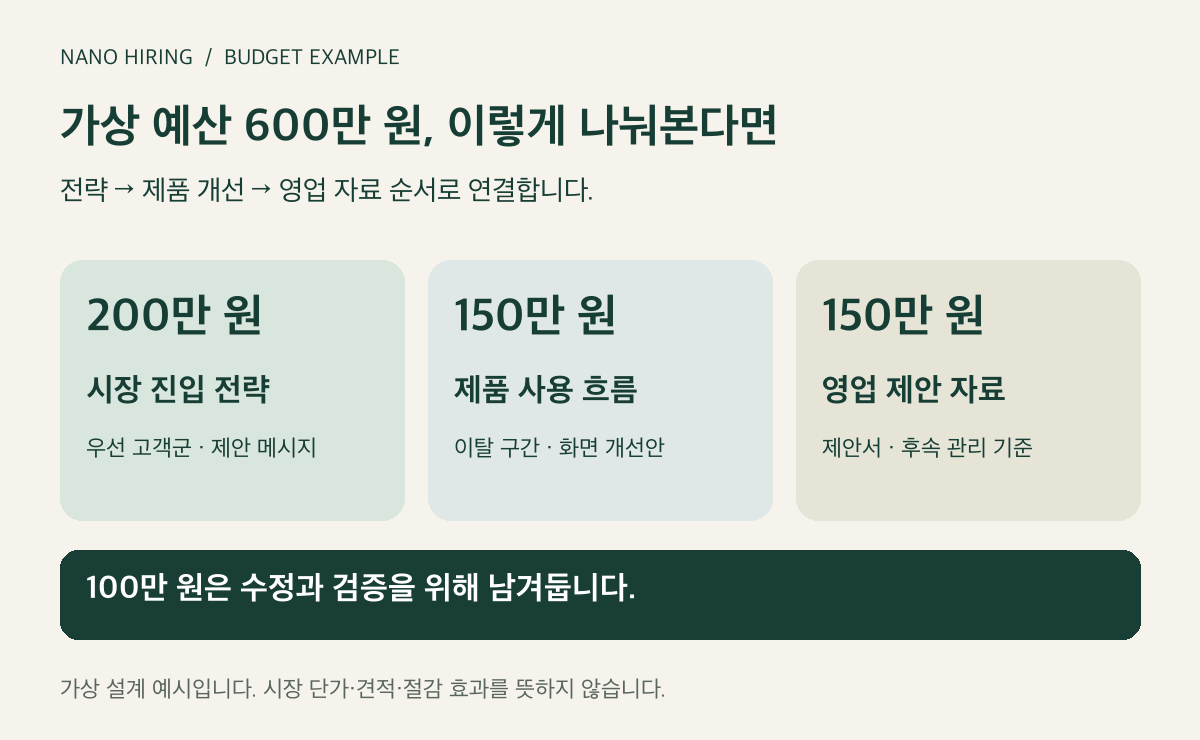 가상 예산 600만 원 배분: 전략 200만 원, 제품 개선 150만 원, 영업 자료 150만 원, 수정·검증 100만 원